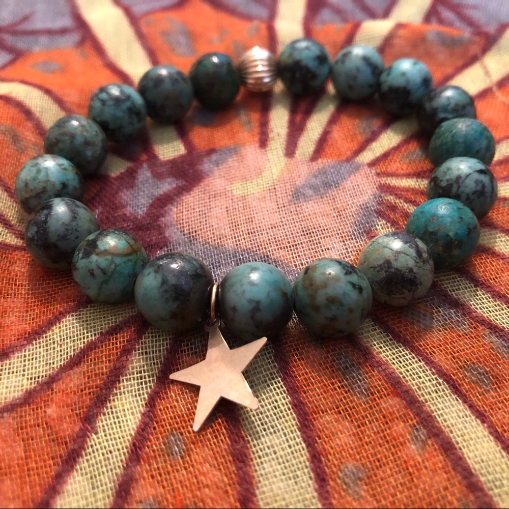 Moss Agate Gemstone Bracelet with Gold Star Charm.
